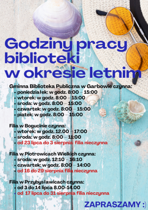 Plakat informujący o zmianie godziny pracy biblioteki w okresie letnim.