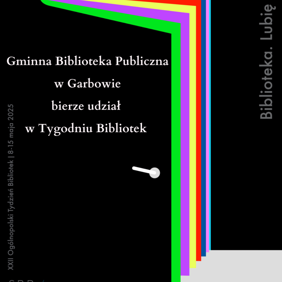 Plakat Tygodnia Bibliotek - uchylone drzwi w kształcie stojącej otwartej książki.
