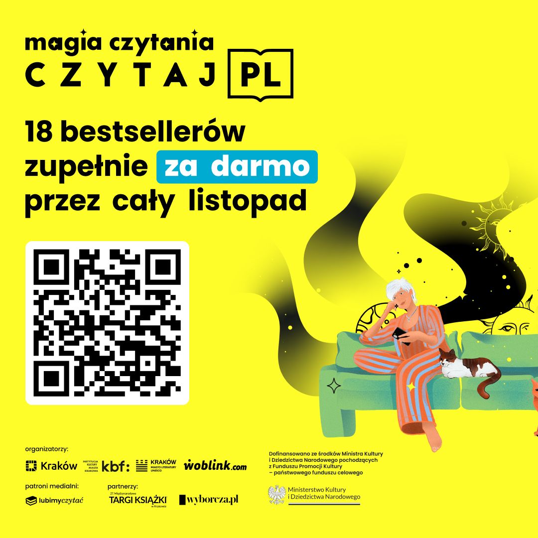 Grafika informująca o akcji Czytaj PL, kobieta z kotem słuchająca ebooka.