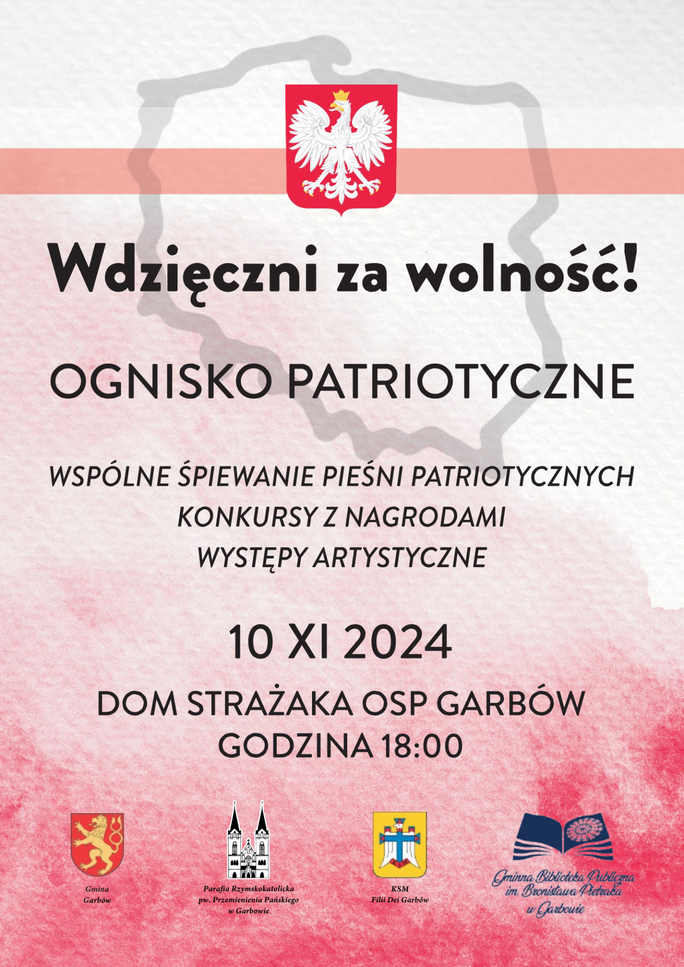 Godło Polski na tle zarysu Polski, herb Gminy oraz logotypy: Parafii garbów, KSM Garbów, GBP w Garbowie