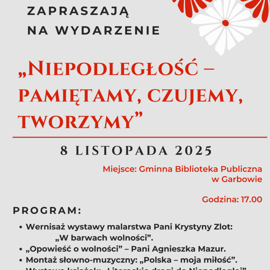 Platat/zaproszenie na obchody Święta Niepodległości organizowanego przez bibliotekę