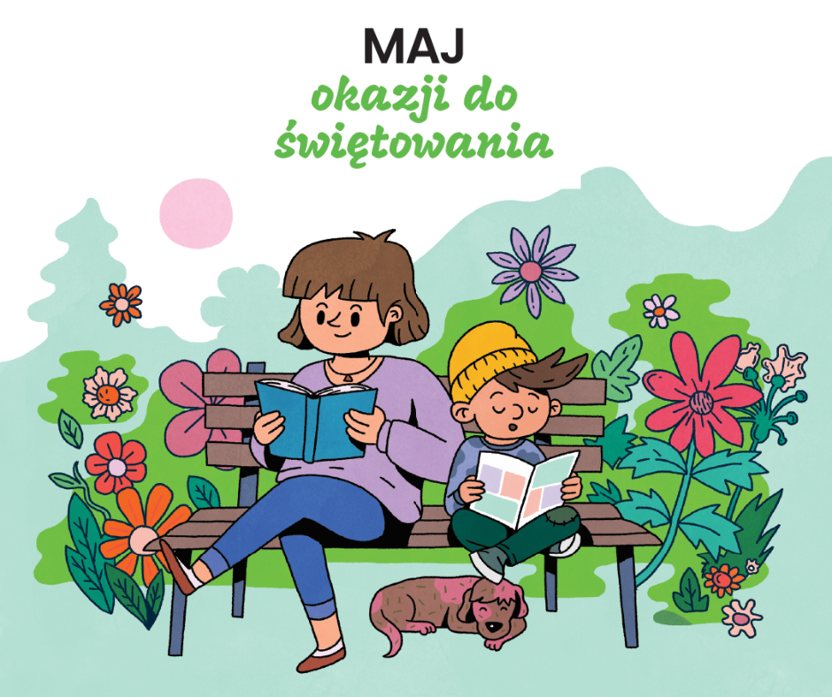 grafika - dzieci siedzące na ławce i czytające książkę, kwiaty oraz śpiący pies