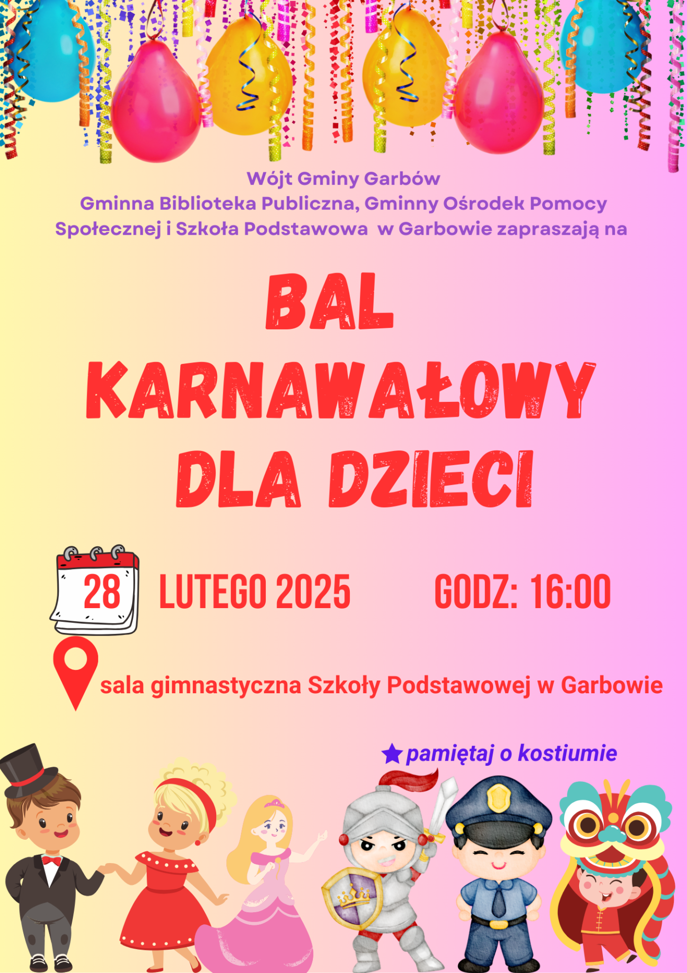 zaproszenie na bal karnawałowy dla dzieci, postacie z bajek i baloniki