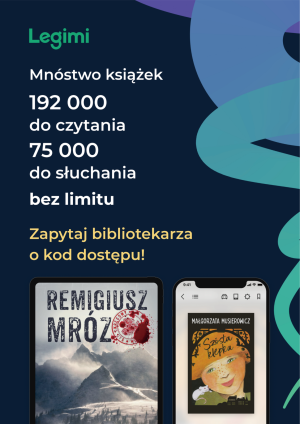 Na zdjęciu plakat informujący o Legimi, platformie ebooków, audiobooków i synchrobooków, telefon i książka R. Mroza.