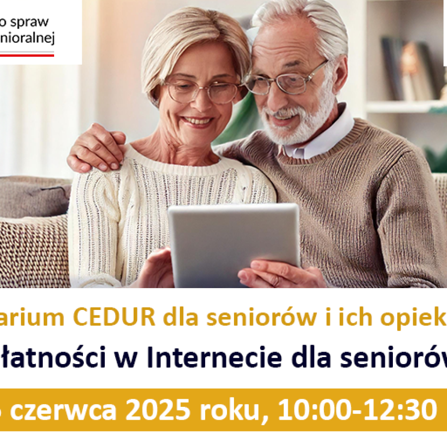 Dwójka seniorów i informacje o zapisach na webinarium.