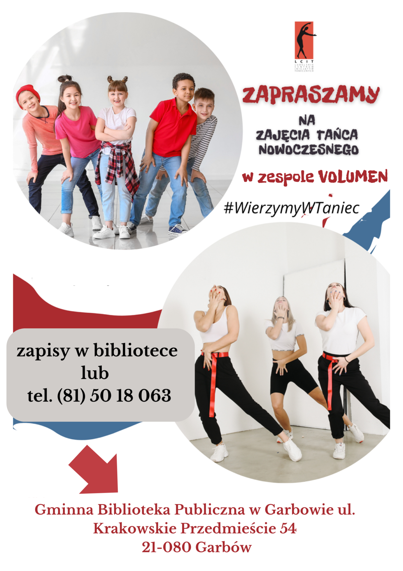 Plakat informujący o zapisach na zajęcia tańca nowoczesnego organizowanych przez bibliotekę.