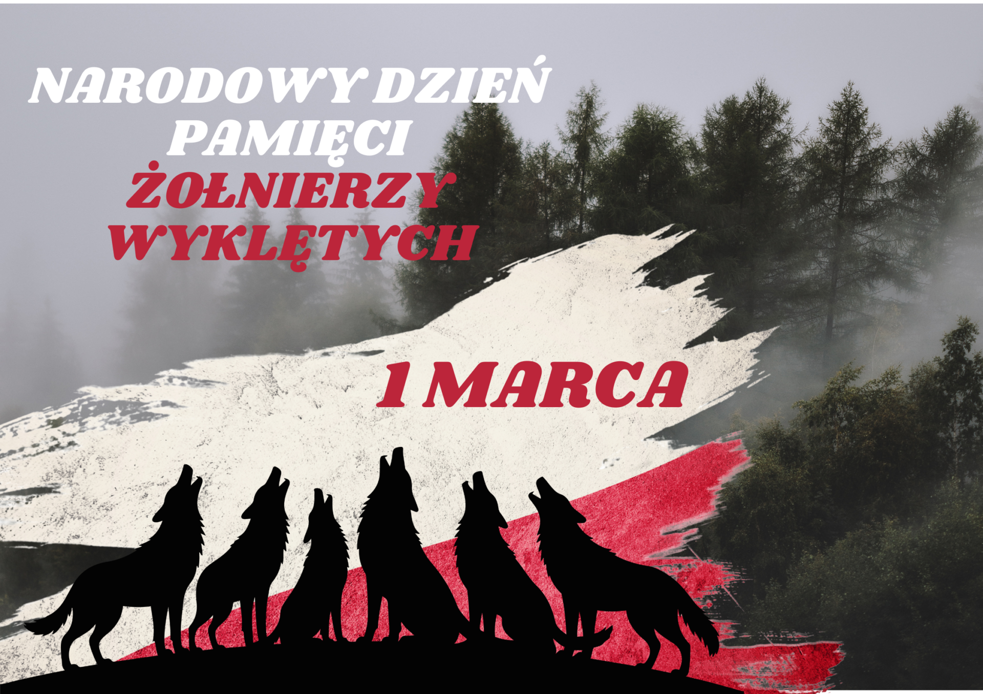 na grafice kontury lasu, flaga i wyjące wilki