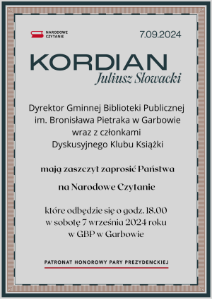 zaproszenie na Narodowe czytanie Kordiana J. Słowackiego