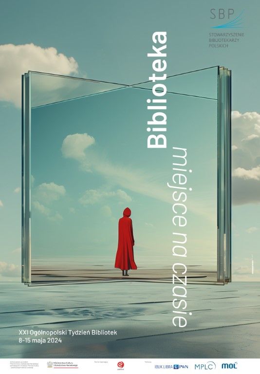 plakat Tygodnia Bibliotek - kobieta w czerwonej pelerynie na tle chmur