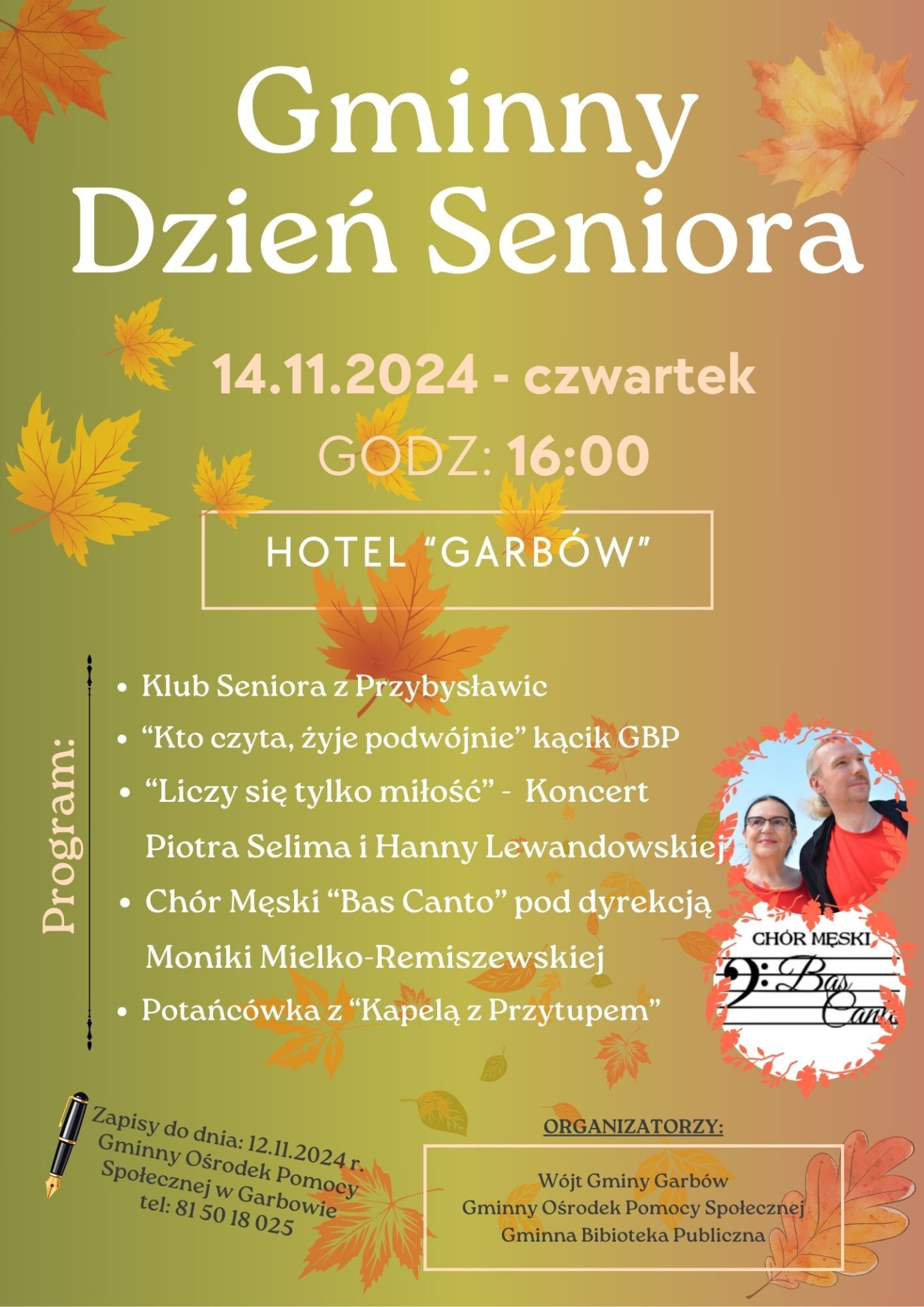 Plakat informujący o Gminnym Dniu Seniora - w chmurce kobieta i mężczyzna.