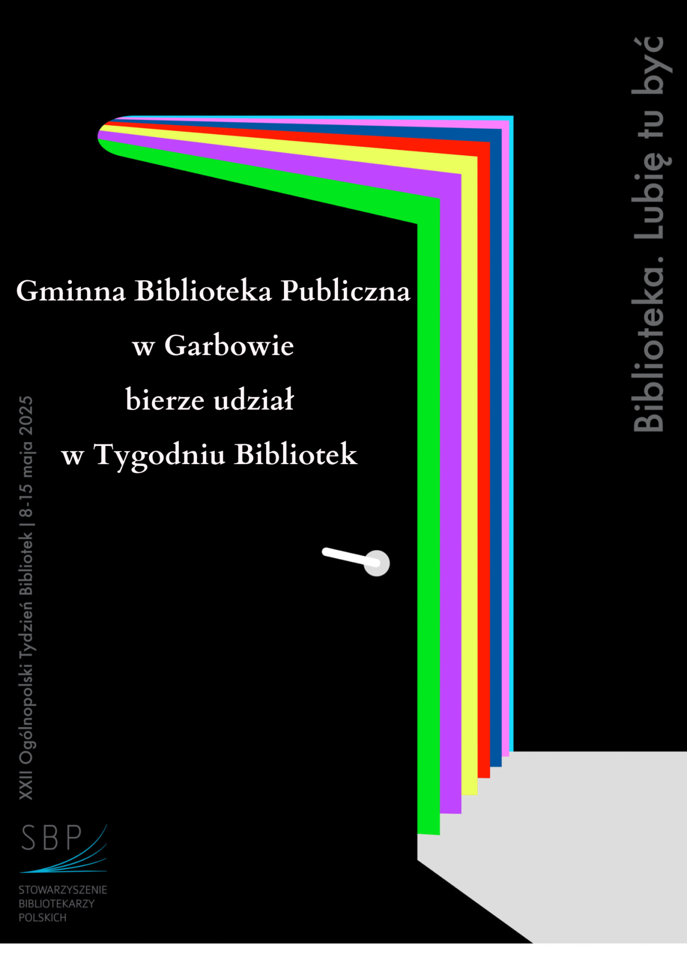 Plakat Tygodnia Bibliotek - uchylone drzwi w kształcie stojącej otwartej książki.