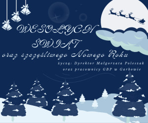 Życzenia świąteczne od pracowników biblioteki na tle zimowego pejzażu: choinek, powozu Mikołaja na tle księżyca, gwiazdek.