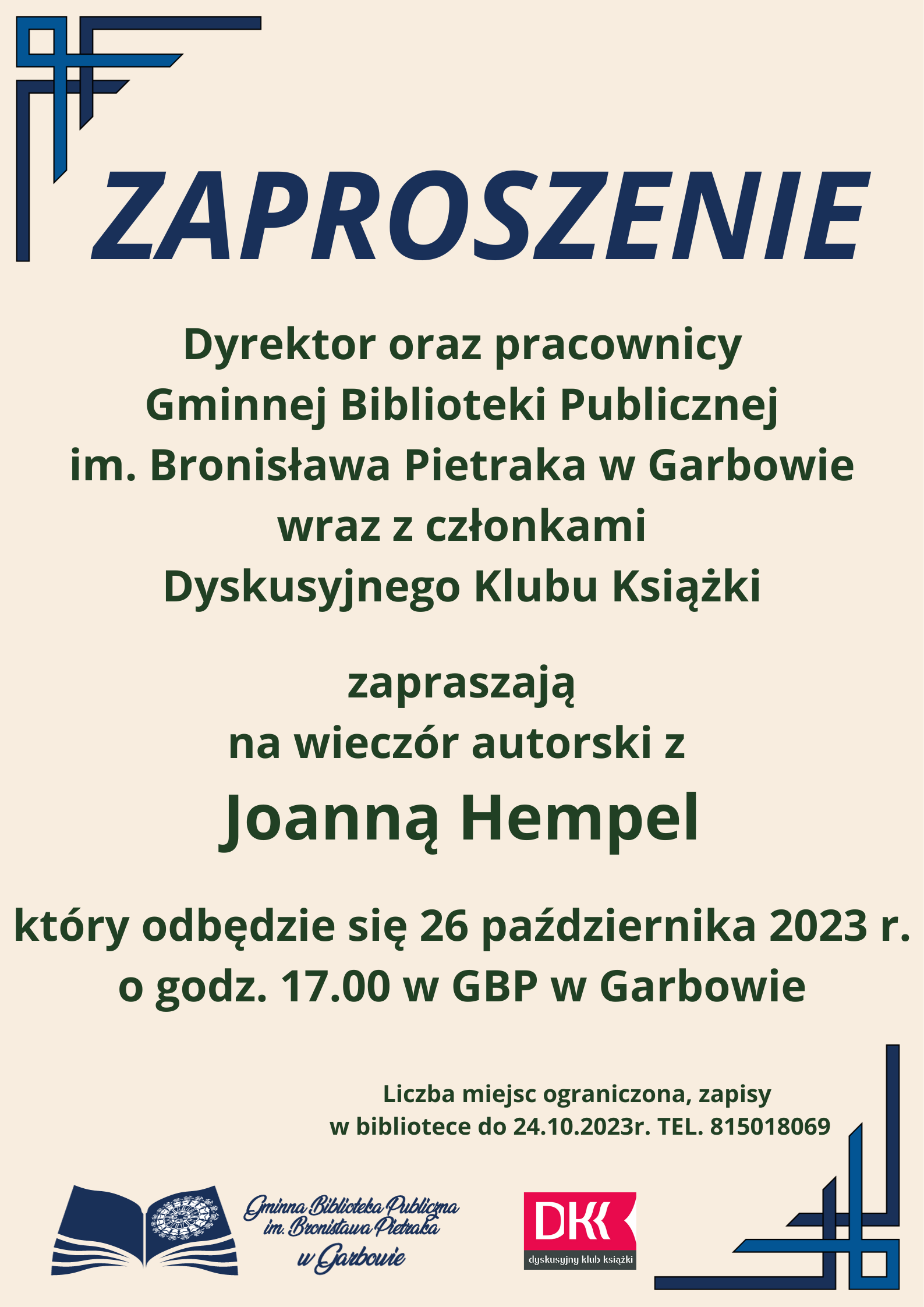 Plakat zaproszenia na wieczór autorski z Joanną Hempel.