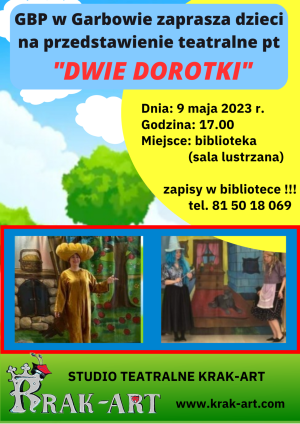 Plakat z zaproszeniem na przedstawienie teatralne "Dwie Dorotki" oraz dwa zdjęcia z przedstawienia w wykonaniu studia teatralnego Krak-Art.