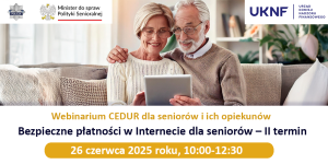 Dwójka seniorów i informacje o zapisach na webinarium.