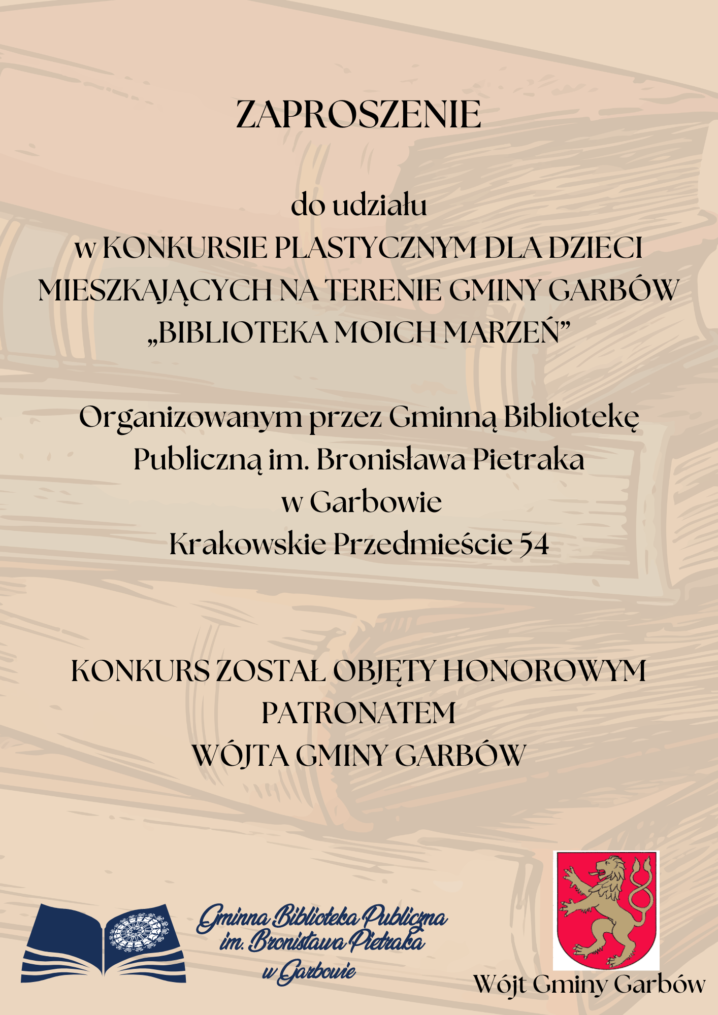 Zaproszenie do udziału w konkursie plastycznym. Na dole logotyp biblioteki i herb Gminy Garbów.