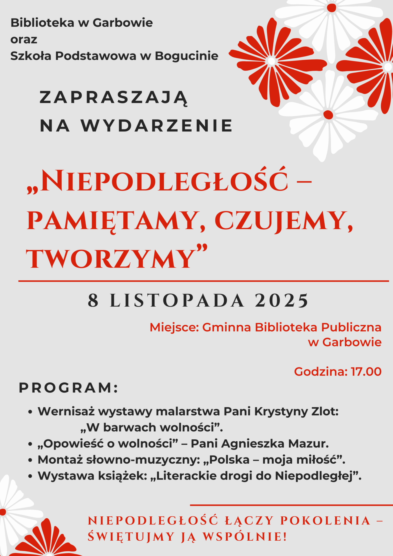 Platat/zaproszenie na obchody Święta Niepodległości organizowanego przez bibliotekę