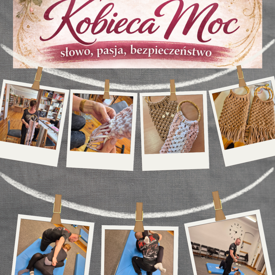 kolaż zdjęć: torebki z makramy i kobiety ćwiczące samoobronę