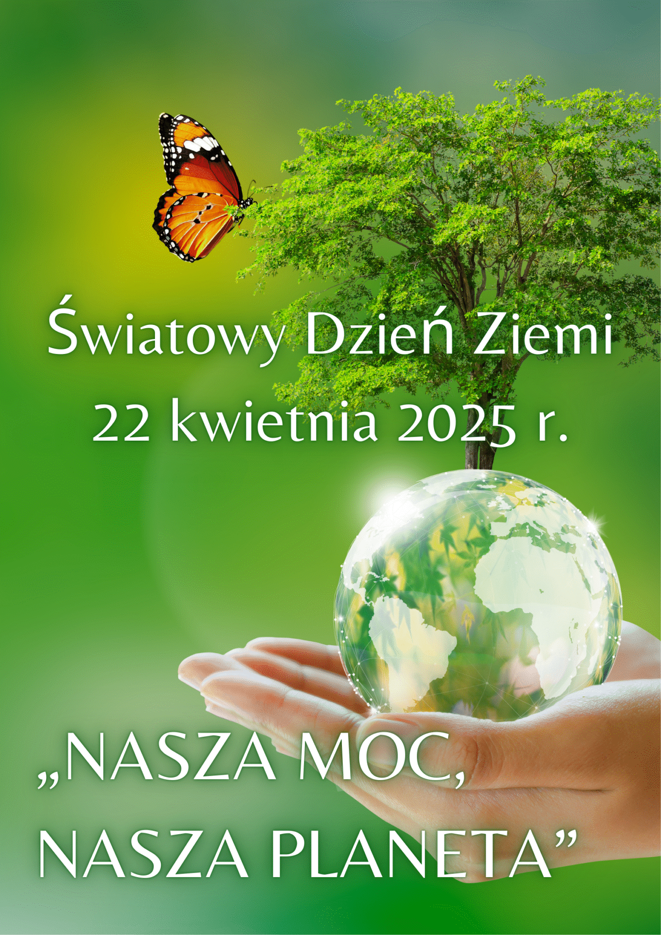 na dłoniach kula ziemska z której wyrasta drzewo, obok motyl