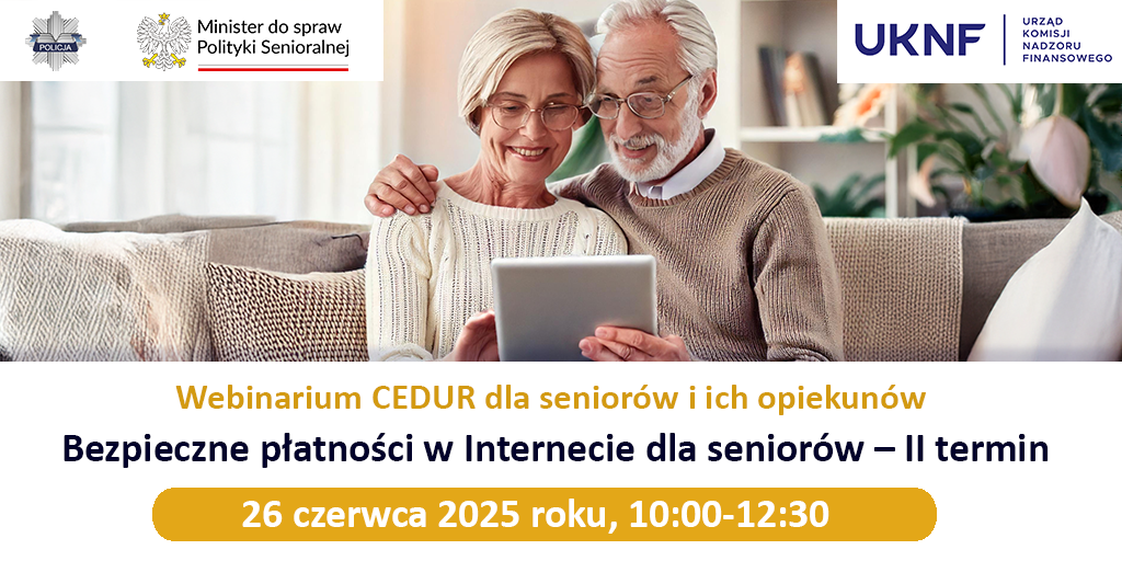 Dwójka seniorów i informacje o zapisach na webinarium.