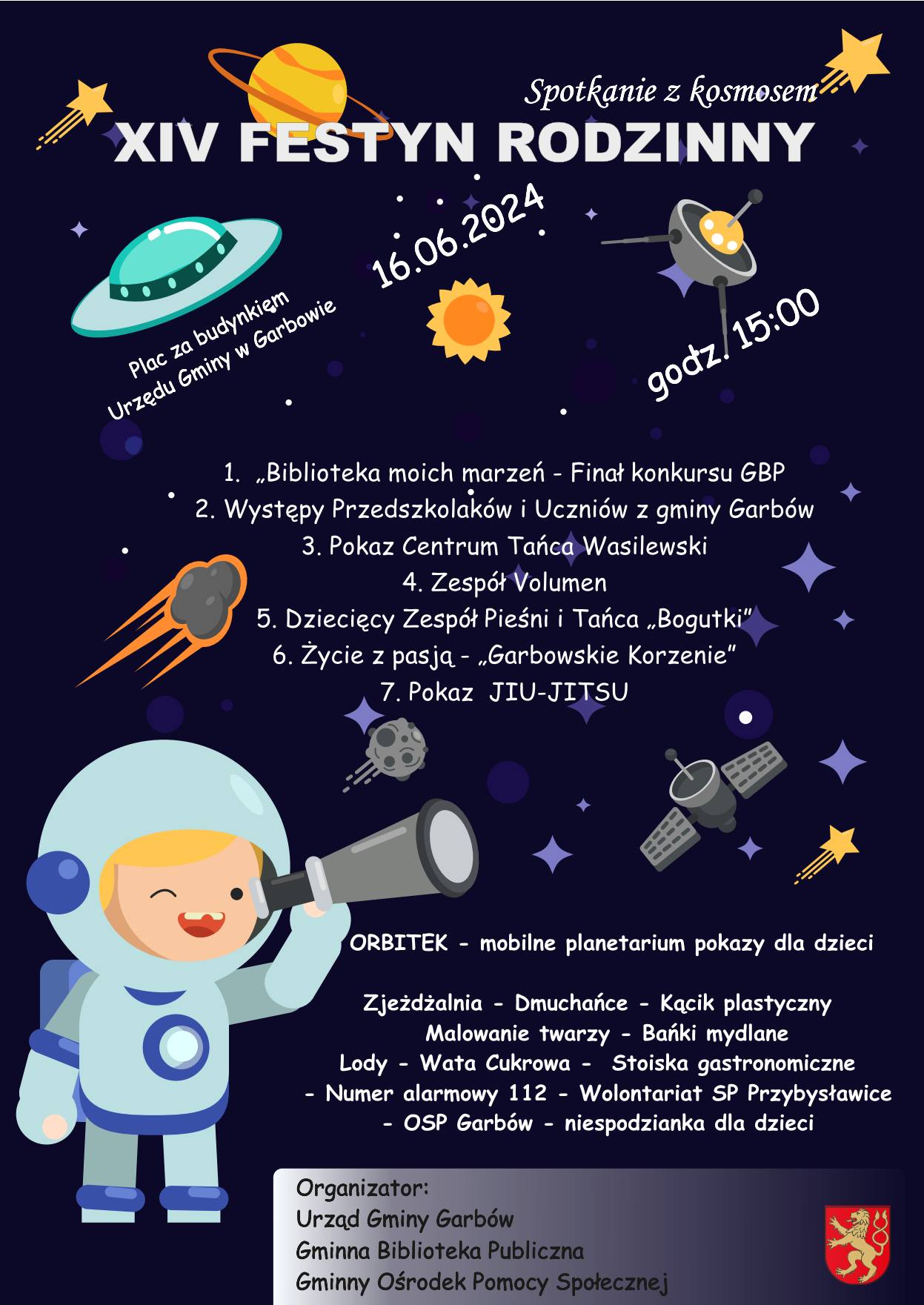 grafika "kosmos" - zaproszenie na festyn rodzinny 16.06.2024 r.