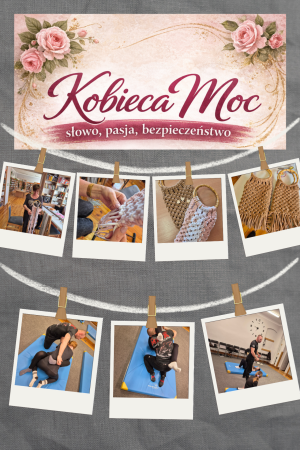 kolaż zdjęć: torebki z makramy i kobiety ćwiczące samoobronę