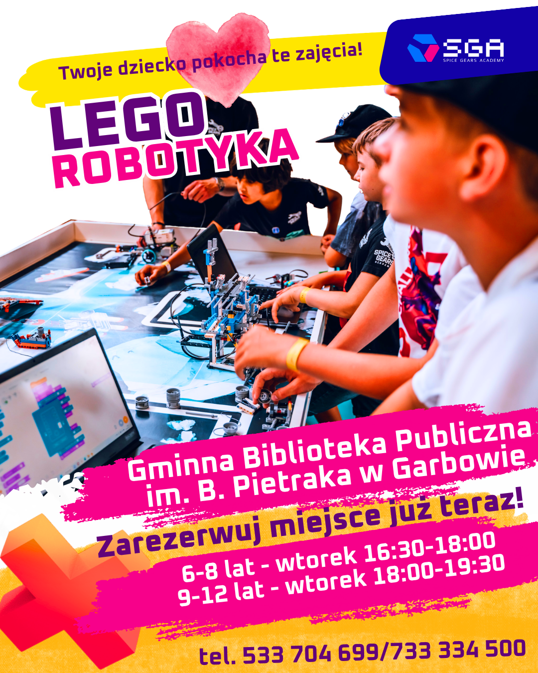 plakat informacyjny o zajęciach legorobotyki w GBP w Garbowie przedstawiający dzieci podczas zajęć