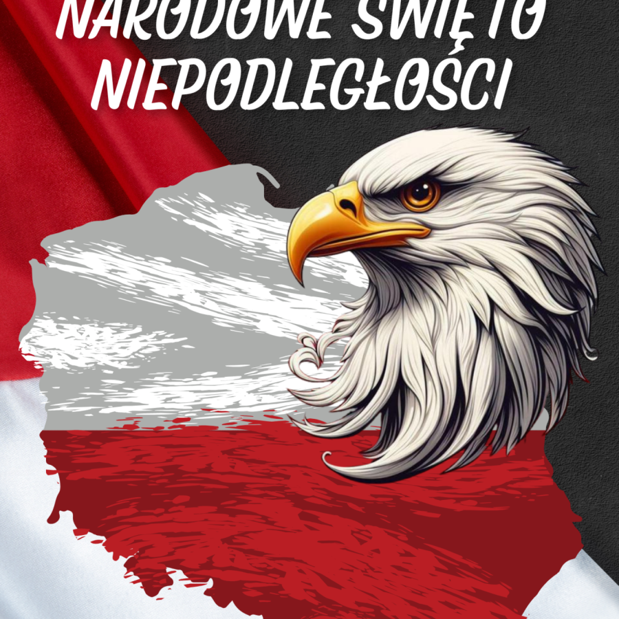 Głowa orła na tle flagi Polski.