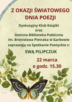 Plakat z motywem roślinnym, zapowiadający spotkanie autorskie organizowane przez DKK i bibliotekę.