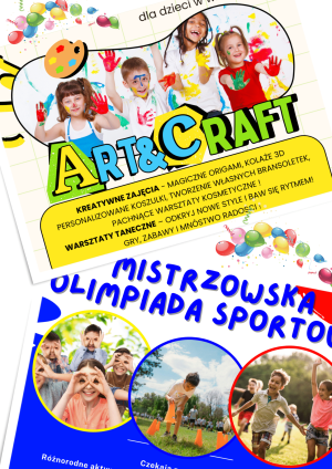 Grupa bawiących się dzieci oraz informacje o warsztatach.