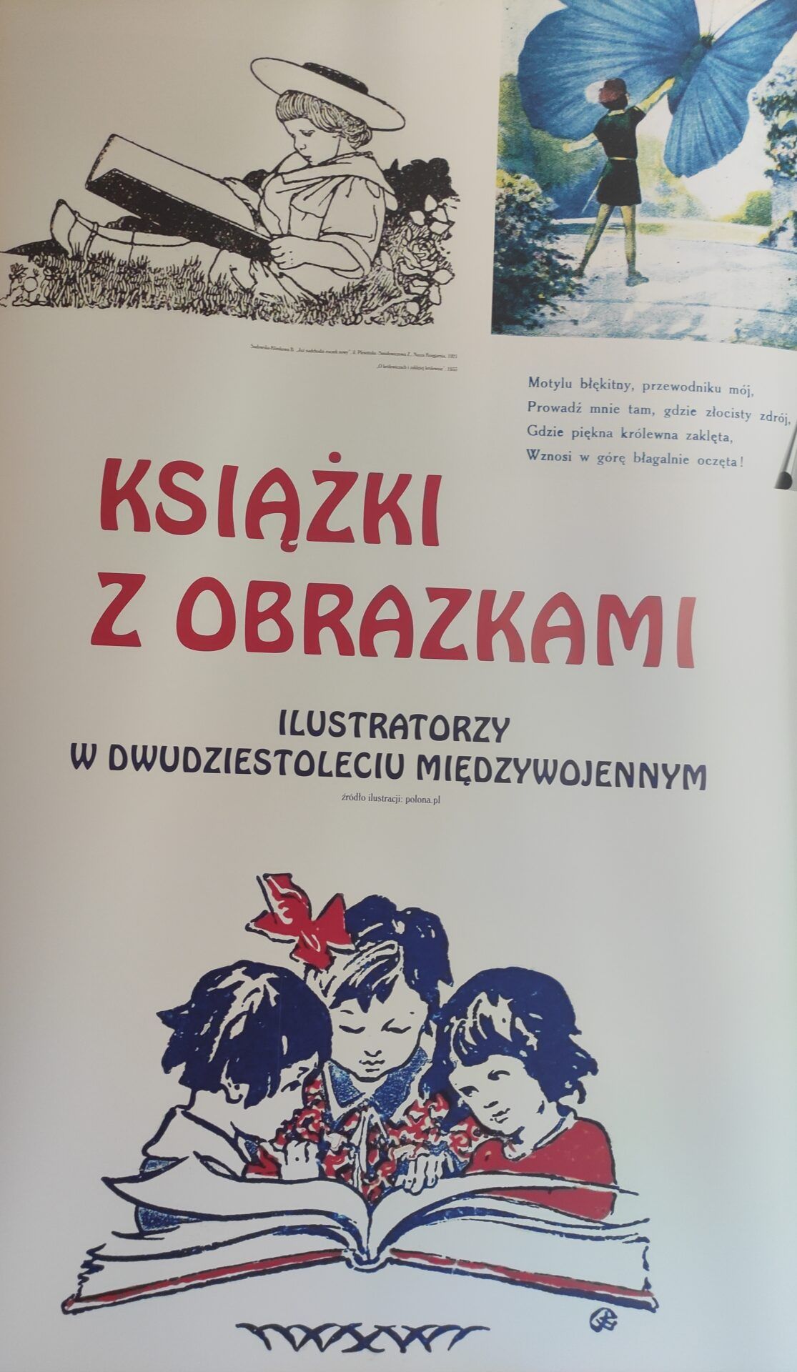 Plakat - zaproszenie na wystawę, dzieci czytające książkę.