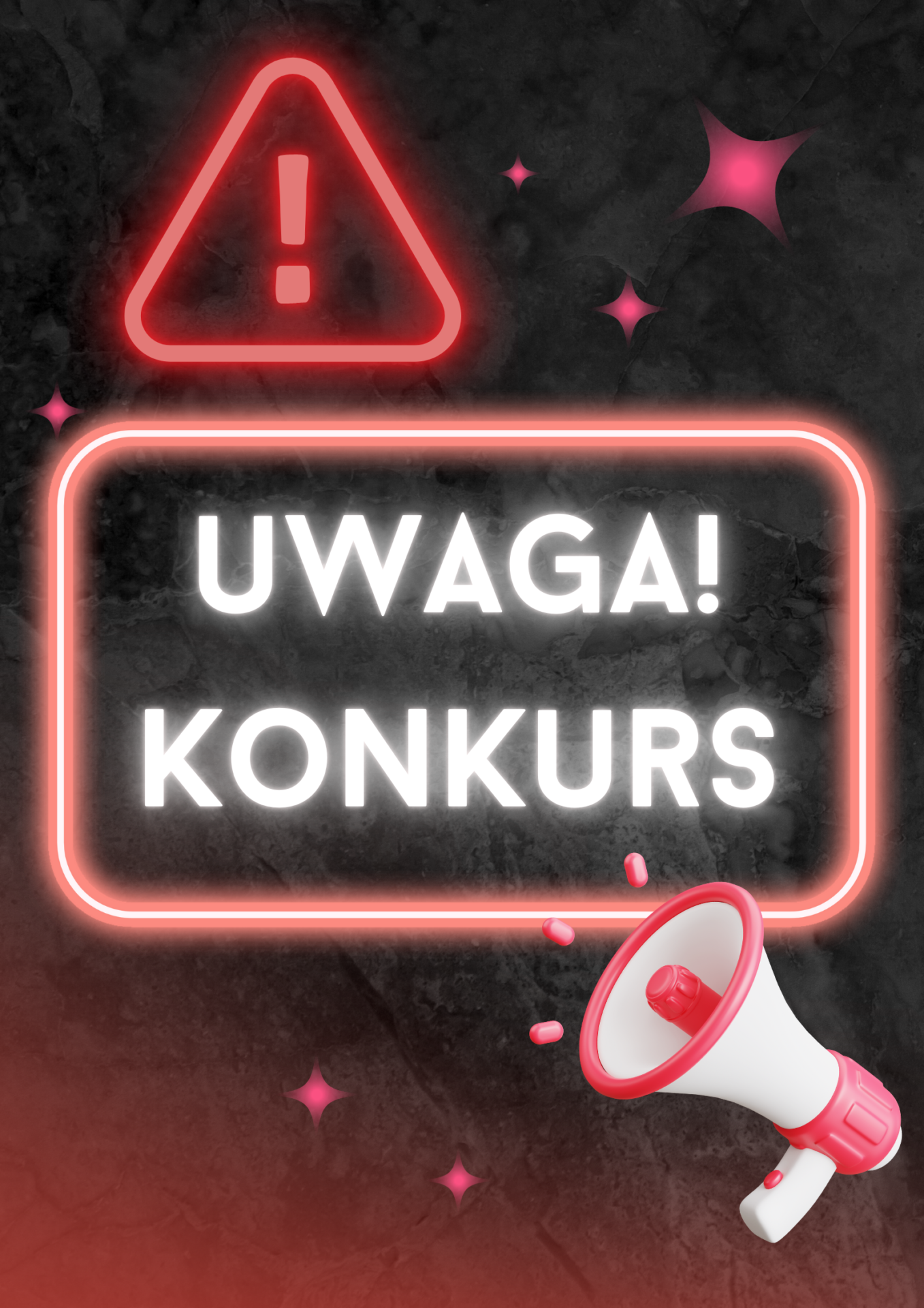 napis: uwaga konkurs, wykrzyknik i megafon