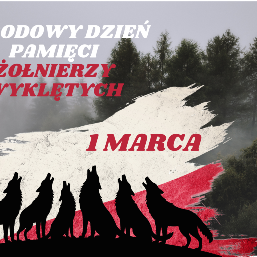 na grafice kontury lasu, flaga i wyjące wilki