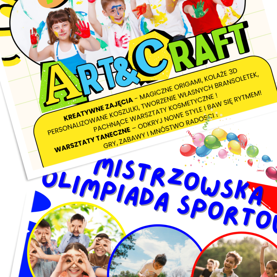 Grupa bawiących się dzieci oraz informacje o warsztatach.
