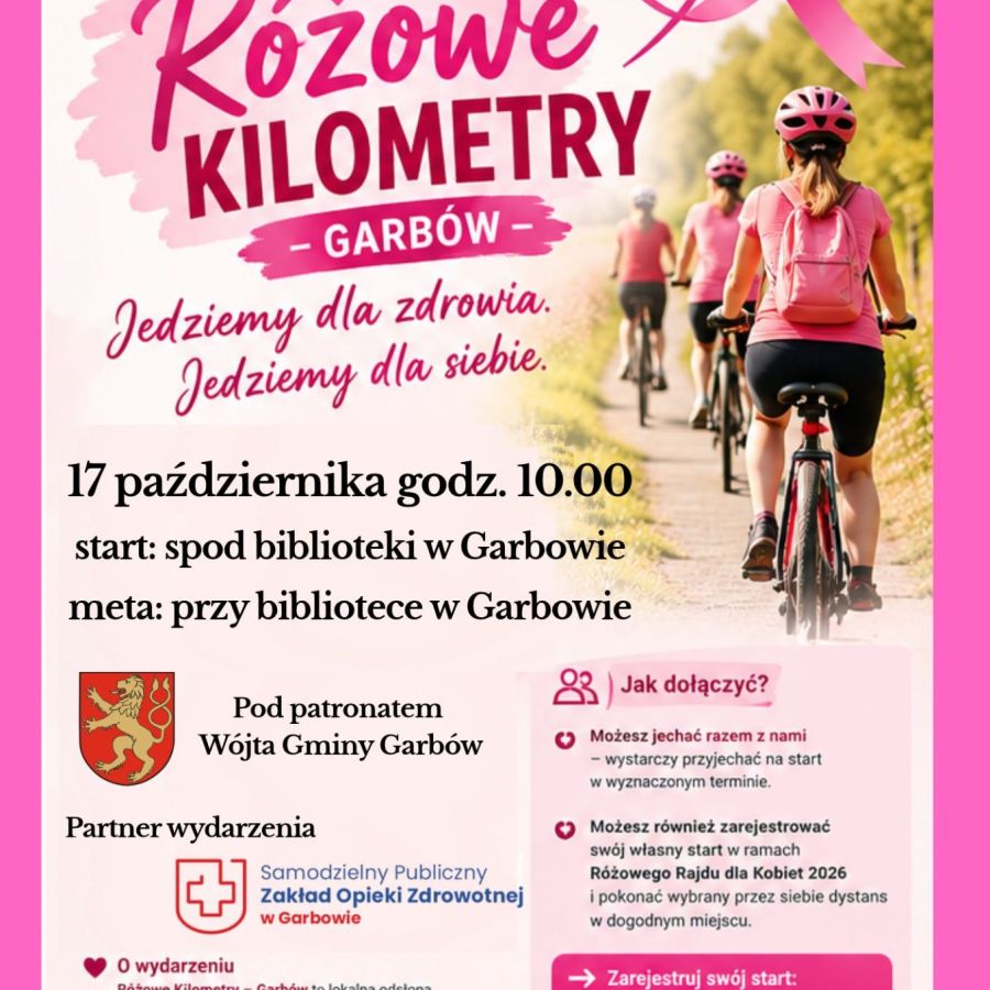 Plakat akcji: Różowe kilometry organizowanego przez GBP w Garbowie (panie na rowerach)