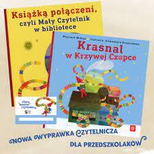 Obrazek przedstawiający dwie książki przeznaczone dla przedszkolaków. Pierwsza nosi tytuł Książką Połączeni, a druga Krasnal w Krzywej Czapce.