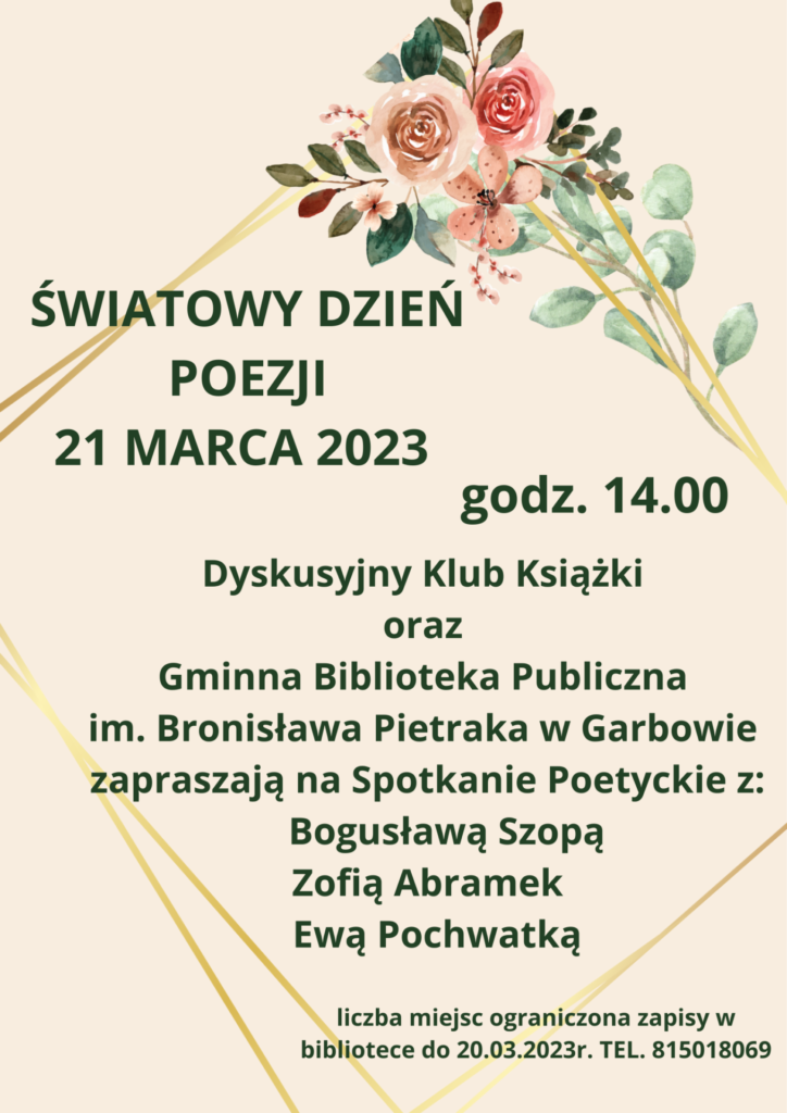 zaproszenie na spotkanie poetyckie w dniu 21.03.2023 godz. 14.00