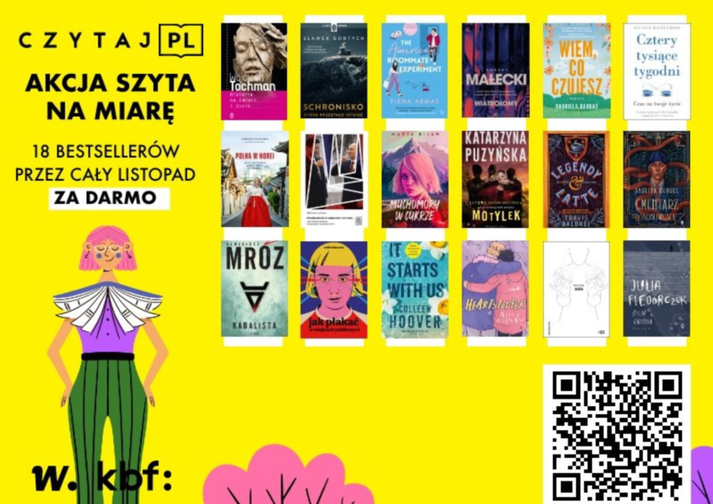 Plakat tegorocznej akcji Czytaj.pl z tytułami dostępnych książek i kodem QR.