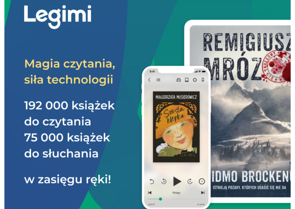Na zdjęciu plakat informujący o Legimi, platformie ebooków, audiobooków i synchrobooków, telefon i książka R. Mroza.