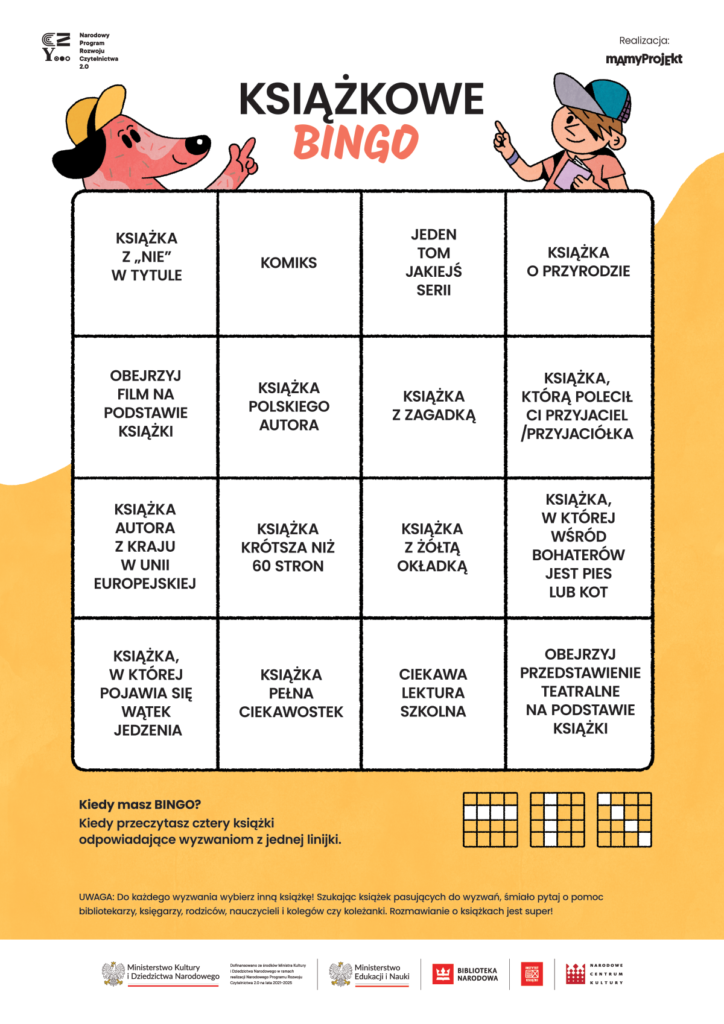 Na zdjęciu: karta Bingo do wyzwań książkowego Niekalendarza w ramach Narodowego Programu Rozwoju Czytelnictwa 2.0