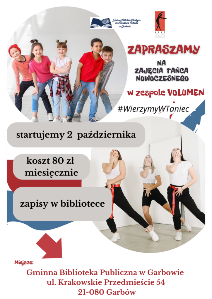 Ośmioro tańczących dzieci oraz napisy informujące o zajęciach tańca w zespole Volumen.