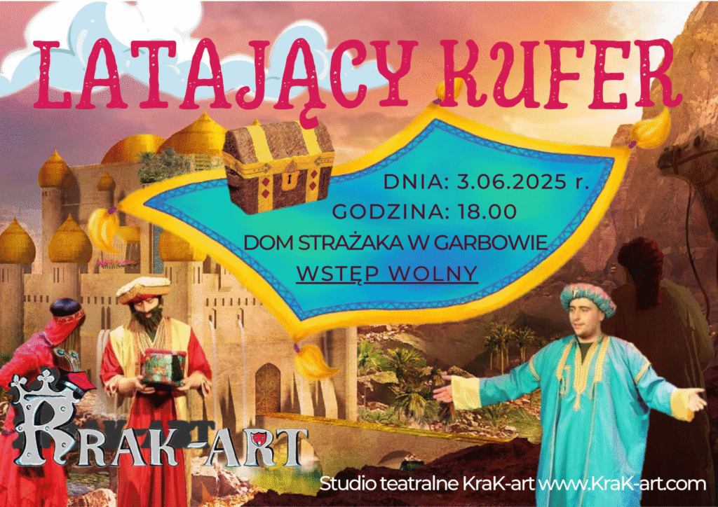 Zaproszenie na przedstawienie teatralne "Latający kufer" -grafiki trzech osób, dywan, kufer, zamek.