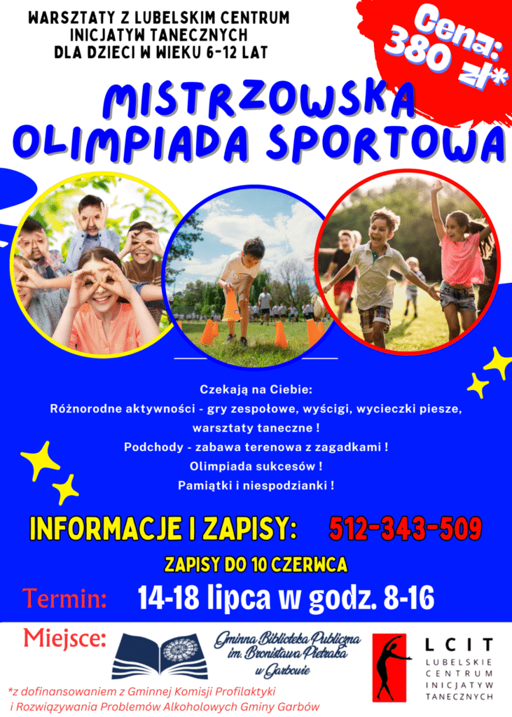Grupa bawiących się dzieci oraz informacje o warsztatach.