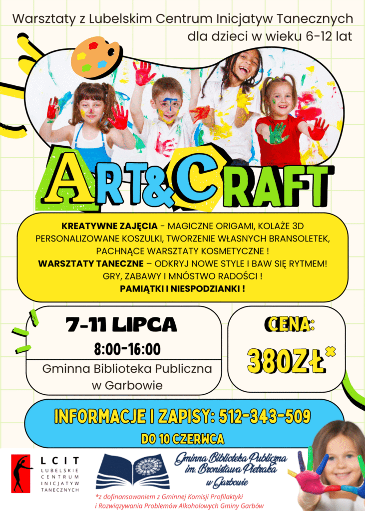 Grupa bawiących się dzieci oraz informacje o warsztatach.