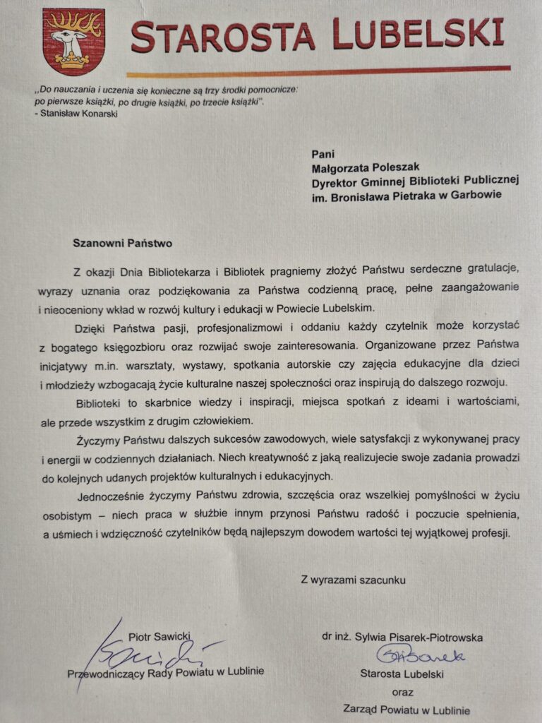 List z życzeniami dla kadry biblioteki z okazji Dnia bibliotekarza