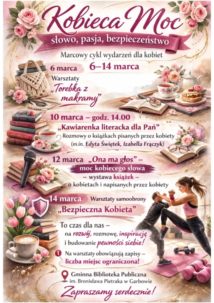 zaproszenie na cykl warsztatów i wydarzeń dla kobiet z okazji marcowego ich święta/ grafika to ozdobniki typu: kwiaty, książki filiżanki itp.