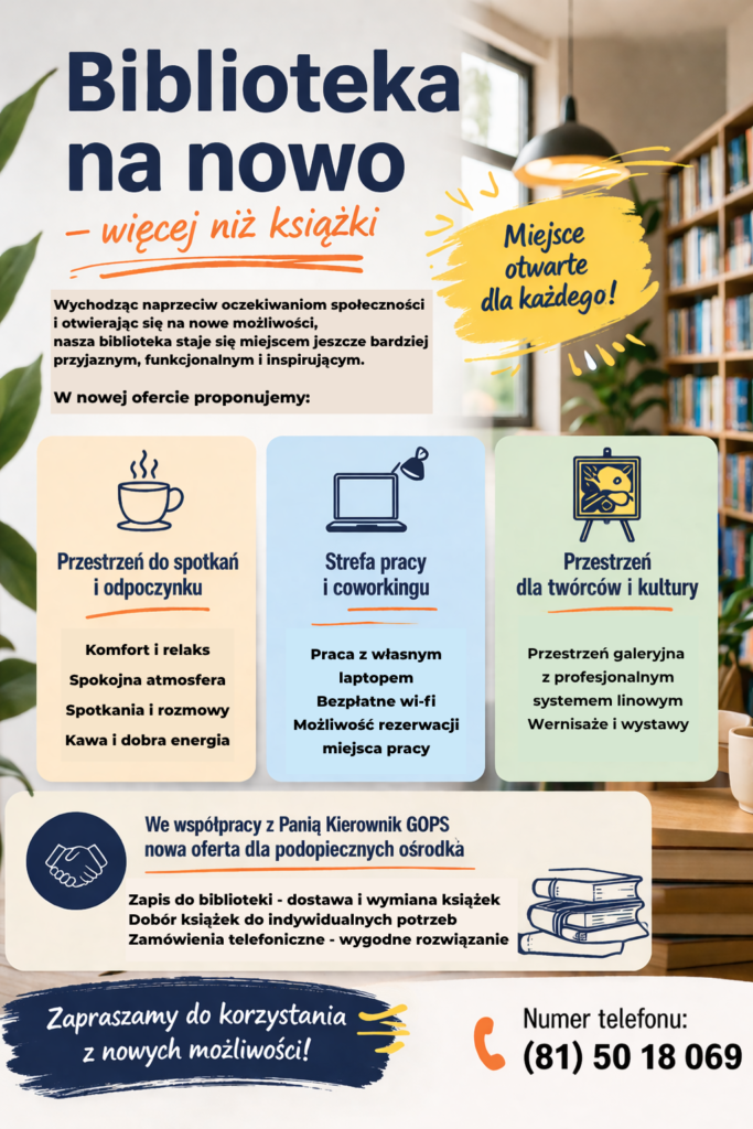 Plakat informujący o nowych ofertach biblioteki.