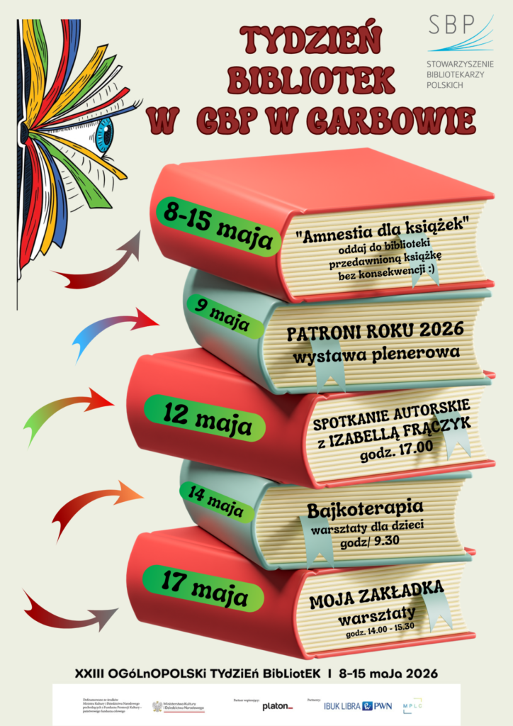 Plakat informujący o ofercie biblioteki z okazji Tygodnia Bibliotek