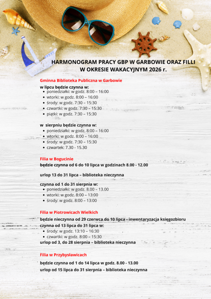 plakat informujący o godzinach pracy biblioteki w wakacje