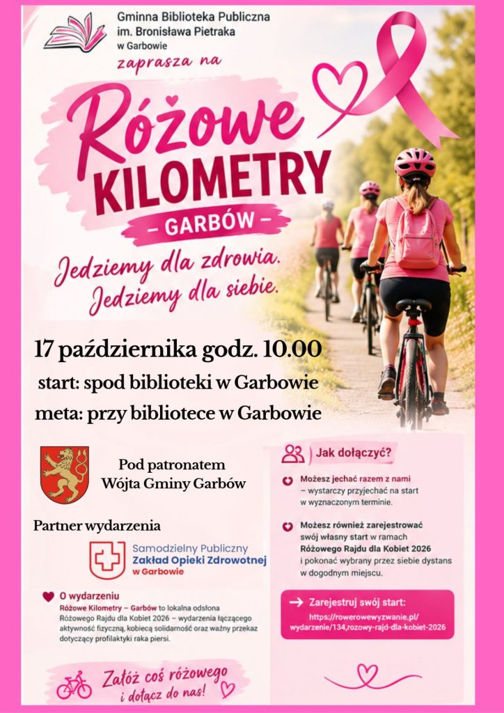 Plakat akcji: Różowe kilometry organizowanego przez GBP w Garbowie (panie na rowerach)